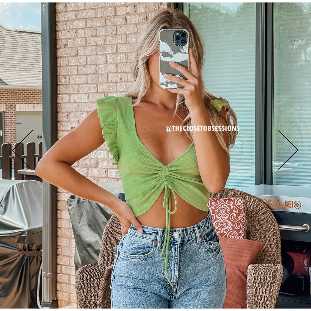 Zara NWT Green Ruched Drawstring Ruffle Crop Top L - Picture 8 of 16